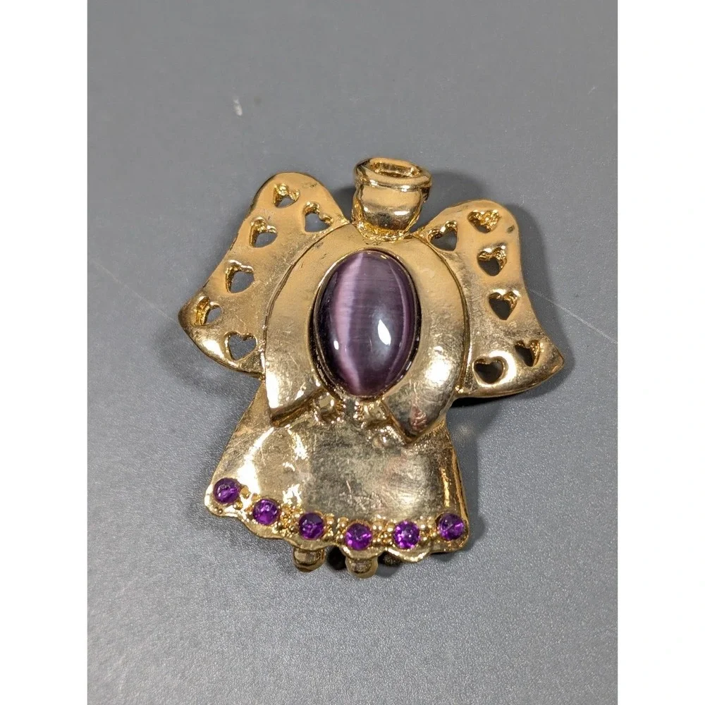 Vintage AAi Christmas Angel Brooch Purple Glass Cats‎ Eye Cabochon Birthstone